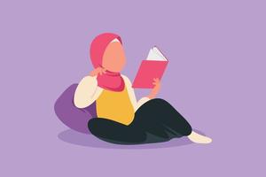 tecknad serie platt stil teckning arab liten flicka läsning, inlärning och lutande på mysigt soffa. studie på skola. smart kvinna studerande skaffa sig utbildning. intellektuell kunskap. grafisk design vektor illustration