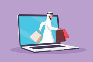 grafisches flaches design, das arabischen mann zeichnet, der aus laptop-bildschirm mit einkaufstüten herauskommt. Verkauf, digitaler Lebensstil, Konsum. Online-Shop-Technologie. Cartoon-Stil-Vektor-Illustration vektor