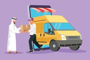 Cartoon Flat Style Drawing Delivery Box Car kommt aus riesigem Smartphone-Bildschirm. Der männliche Kurier gibt dem arabischen Kunden eine Paketbox. Online-Shop-Transport. Grafikdesign-Vektorillustration vektor