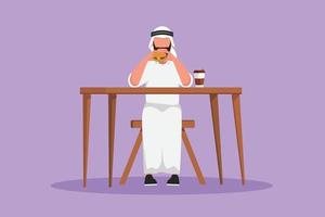 grafisk platt design teckning arab man innehav och äter hamburgare snabb mat i restaurang. manlig har lunch med burger och kaffe i papper kopp. ohälsosam diet. tecknad serie stil vektor illustration