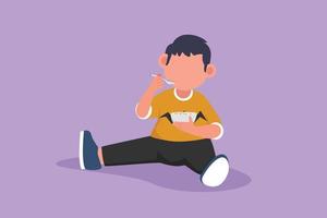 Charakter flache Zeichnung kleiner Junge mit Müsli zum Frühstück. glückliches Kind, das Getreideflocken isst, die auf dem Boden sitzen. Aktivität von Kindern Tagesablauf oder Tagesablauf. Cartoon-Design-Vektor-Illustration vektor