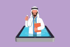 grafisches flaches design, das hilfreichen arabischen männlichen arzt zeichnet, kommt aus dem smartphone-bildschirm, der stethoskop hält. Medizinische Online-App-Dienste. digitale Gesundheitsberatung. Cartoon-Stil-Vektor-Illustration vektor