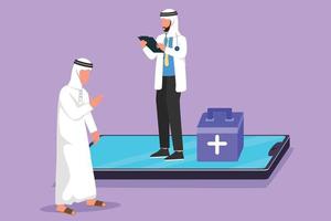 tecknad serie platt stil teckning arab manlig läkare stående på stor smartphone skärm och talande med manlig patient. digital uppkopplad medicinsk sjukvård service samråd. grafisk design vektor illustration