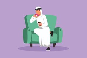 grafisk platt design teckning arab man Sammanträde på soffa, äter munk och dricka kaffe. hungrig manlig innehav papper kopp med varm dryck och ljuv efterrätt. snabb mat. tecknad serie stil vektor illustration
