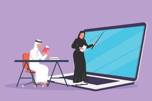 cartoon flache stil zeichnung weibliche lehrerin steht vor laptop-bildschirm hält buch und unterrichtet arabische senior high school studenten sitzen auf stuhl neben schreibtisch. Grafikdesign-Vektorillustration vektor