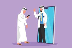 grafisk platt design teckning arab manlig patient innehav smartphone stående vänd jätte smartphone och hört manlig läkare. läkare uppkopplad eller digital sjukvård. tecknad serie stil vektor illustration