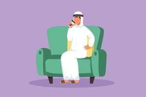 grafisk platt design teckning arab affärsman Sammanträde på soffa och vilar, dricka te. manlig chef är innehav papper kopp av kaffe. njuter ha sönder tid på kontor. tecknad serie stil vektor illustration