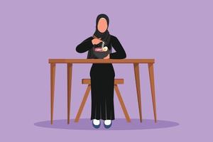 Charakter flache Zeichnung schönes arabisches Mädchen, das ihre Ramen-Nudel mit Löffel und Essstäbchen genießt. junge Frau, die auf dem Tisch sitzt und Nudeln im chinesischen Restaurant isst. Cartoon-Design-Vektor-Illustration vektor