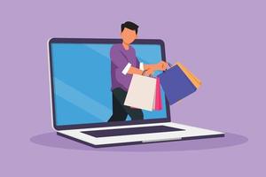 Cartoon flachen Stil zeichnen junger Mann aus Laptop-Computer-Bildschirm mit Einkaufstüten halten. Verkauf, digitaler Lebensstil, Konsum. Online-Shop-Technologie. Grafikdesign-Vektorillustration vektor
