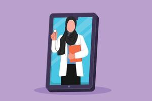 Charakter flache Zeichnung arabische Ärztin kommt aus Smartphone-Bildschirm mit Stethoskop. Medizinische Online-App-Dienste. digitales gesundheitsberatungskonzept. Cartoon-Design-Vektor-Illustration vektor