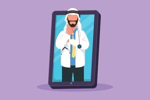 karaktär platt teckning arab manlig läkare komma ut av smartphone skärm medan framställning tumme upp gest. uppkopplad läkare samråd app. digital sjukvård liknelse. tecknad serie design vektor illustration
