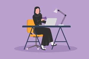 flache karikaturzeichnung junge arabische frau, die auf stuhl sitzt und kreditkartencode auf laptop um schreibtisch eingibt. digitale zahlung, online-shop-technologie. Grafikdesign-Vektorillustration vektor