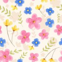 ritad för hand vattenfärg rosa, blå, gul blomma och lövverk sömlös mönster vektor