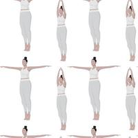 Nahtloses Muster einer Frau, die Yoga mit erhobenen Armen und in verschiedene Richtungen macht. Lebensstil vektor