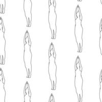 Nahtloses Muster mit Konturbild einer Frau, die Yoga-Asanas auf ihren Zehen mit erhobenen Händen durchführt vektor