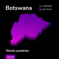 Botsuana 3D-Karte. stilisierte gestreifte isometrische neonvektorkarte von botswana ist in violetten und rosafarbenen farben auf schwarzem hintergrund vektor