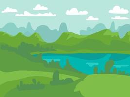 vektor illustration av skön sommar fält landskap med en gryning, grön kullar, ljus Färg blå himmel, Land bakgrund i platt tecknad serie stil baner