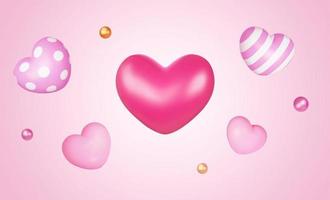 herz- und runde luftballons. 3D-Darstellung von fünf herzförmigen Ballons mit glatten, gestreiften und gepunkteten Oberflächen zusammen mit einigen metallischen Ballonkugeln, die auf rosafarbenem Hintergrund schweben. vektor