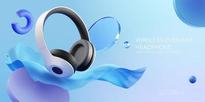 Werbung für kabellose Over-Ear-Kopfhörer. 3D-Darstellung eines Over-Ear-Kopfhörers vor schwebendem Stoff auf blauem Hintergrund vektor