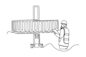 kontinuerlig ett linje teckning man med säkerhet hjälm och använder sig av walkie prat kontrollera läser in behållare låda från frakt. frakt begrepp. enda linje dra design vektor grafisk illustration.