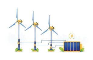 design illustration av vind kommer från miljövänligt energi. vind turbiner producera låg utsläpp elektricitet till avgift och Lagra litium batteri. kan vara Begagnade för webb, hemsida, affischer, appar, broschyrer vektor