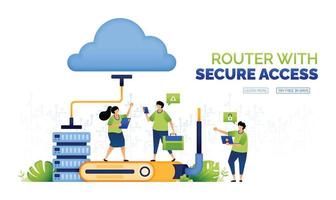 illustration av människor åtkomst en databas nätverk till de moln till arbete och kommunicera med wiFi internet tillgång försedd med hårdvara router teknologi. kan använda sig av för annons, affisch, kampanj, appar vektor