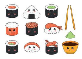 Sushi-Set im Kawaii-Stil. süßes japanisches Sushi mit einem Lächeln. Vektor-Illustration. Cartoon-Stil. Sushi-Restaurant-Logo. sammlung lustiger sushi-charakter. vektor