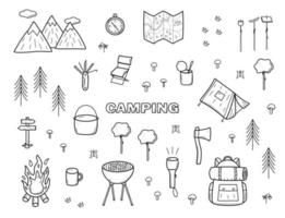 camping klotter ikoner uppsättning. vektor illustration av vandring element. isolerat på vit skiss, vandring logotyp begrepp.