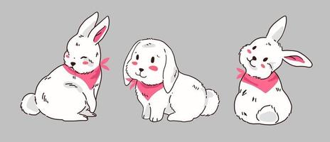 uppsättning av söt vit kanin kanin djur. Lycklig ny år 2023 år av de kanin vektor. samling av vit kanin med rosa scarf tecknad serie vektor
