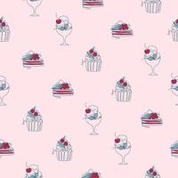 sömlös mönster med linje konst stil desserter - kaka, paj, glass. vektor textur på rosa bakgrund. söt elegant illustration för tyg, textil, omslag, klippbok papper.