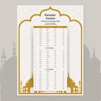 ramadan kalender design 2023. kalender attrapp mall, islamic kalender dua och tid tabell schema skriva ut redo vektor illustration