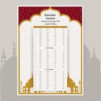 ramadan-kalenderdesign 2023. kalendermodellvorlage, islamischer kalender dua und zeitplanplan druckfertige vektorillustration vektor