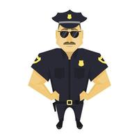 polis i en keps med hans händer på hans bälte. tecknad serie allvarlig polis i enhetlig med glasögon. vektor