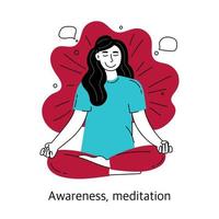 Meditation, Achtsamkeit. das Konzept der psychischen Gesundheit und Psychologie. Vektor-Illustration eines Mädchens isoliert auf weißem Hintergrund. vektor