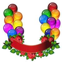 Geburtstagsfeier-Vektorhintergrund - bunte festliche Luftballons, Blumen von Rosen, fliegende Bänder für Feierkarten im isolierten weißen Hintergrund mit Platz für Ihren Text. vektor