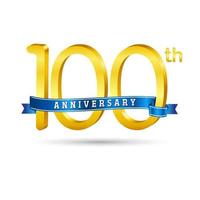 100:e gyllene årsdag logotyp med blå band isolerat på vit bakgrund. 3d guld årsdag logotyp vektor
