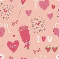 Nahtloses Muster mit roten Herzen, Liebeserklärungen und mehr. valentinstaghintergrund mit symbolen der liebe, romantik und leidenschaft. vektorillustration für verpackungspapier, tapete. vektor