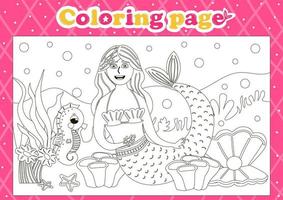 saga tema färg sida för barn med söt sjöjungfru karaktär och sjöhäst vektor