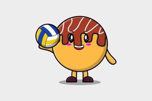 söt tecknad serie takoyaki karaktär spelar volleyboll vektor