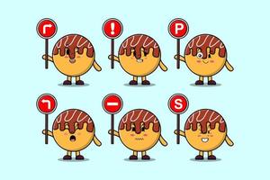 niedliche takoyaki-zeichentrickfigur hält verkehrszeichen vektor