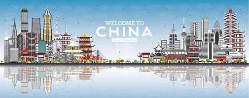 willkommen in der china-skyline mit grauen gebäuden, blauem himmel und reflexionen. vektor