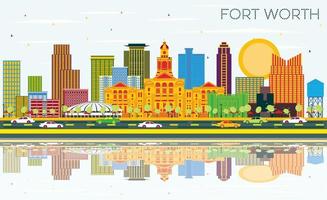 fort värde texas stad horisont med Färg byggnader, blå himmel och reflektioner. vektor