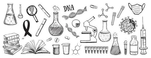 Laborforschung Vektor handgezeichnete Symbole gesetzt. Coronavirus, DNA, Bluttest.