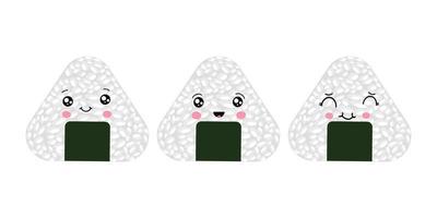 vektorillustration von onigiri im stil von kawaii. japanisches fastfood aus reis mit einer füllung in form eines dreiecks aus nori-algen. vektor