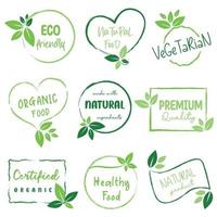 Logos für Bio-Lebensmittel, Naturkost, gesunde Lebensmittel und Bio- oder Naturprodukte, Sammlung von Symbolen, Abzeichen und Aufklebern für den Lebensmittel- und Getränkemarkt, E-Commerce, Bio-Produkte, Werbung für Naturprodukte. vektor