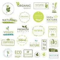 Bio- und Naturkost, Bio- und Naturproduktzeichen, Logos, Symbole und Aufkleber für Lebensmittel und Getränke. vektor