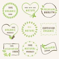 uppsättning av organisk mat, naturlig produkt och friska liv logotyp, klistermärken och märken. vektor
