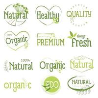 uppsättning av organisk mat, bruka färsk och naturlig eller organisk produkt klistermärken och märken samling för mat marknadsföring. vektor