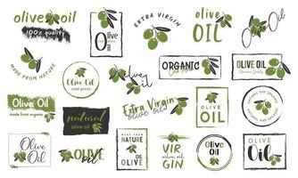 Bio- und Naturprodukte für Olivenölzeichen, Etiketten, Aufkleber, Abzeichen und Logos. vektor