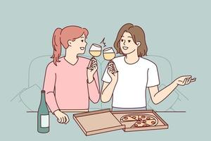 glückliche junge Frauen, die zu Hause auf der Couch sitzen und Pizza essen und Wein trinken. lächelnde mädchen haben spaß beim gemeinsamen essen und freizeitwochenende. Vektor-Illustration. vektor